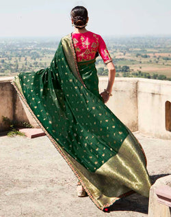 Collection of Dark Green Woven Banarasi Dola Silk Saree With Pink Embroidered Blouse in a gallery layout