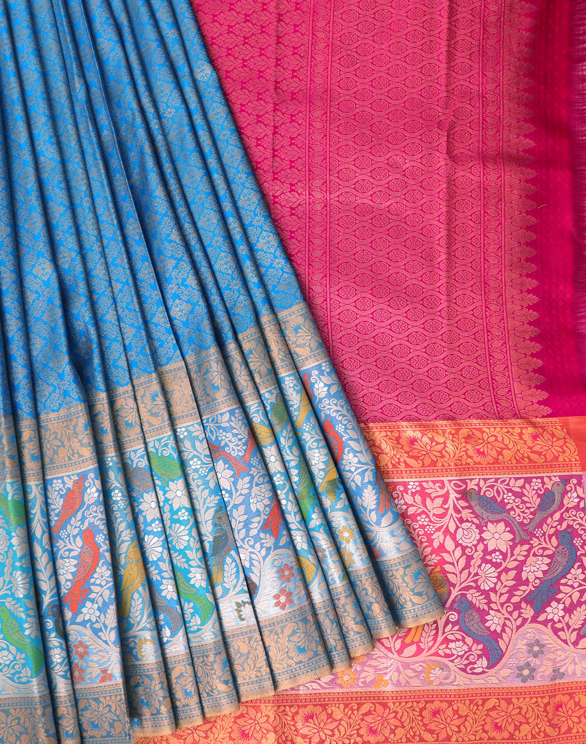 Kanchi Pattu Saree in Sky Blue Color and Pink combination Blouse