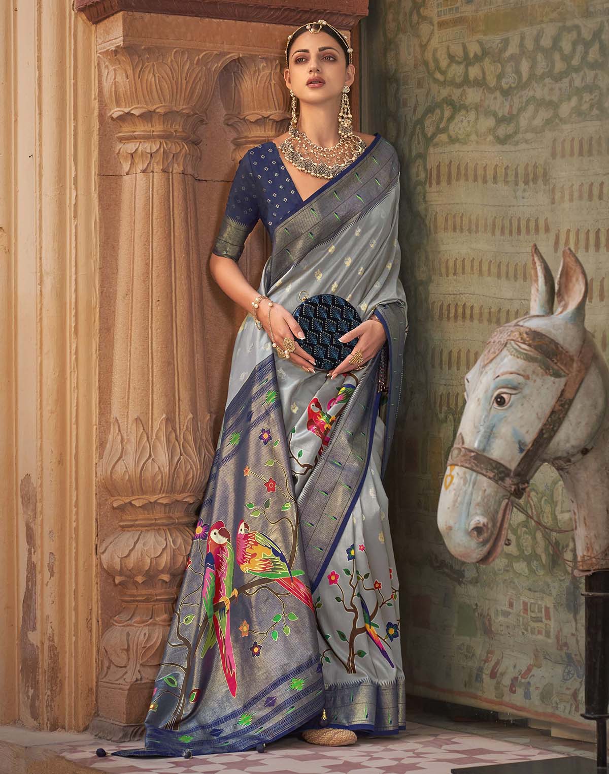 Collection of Grey Coloured Paithani Soft Banaras Silk Saree in a gallery layout