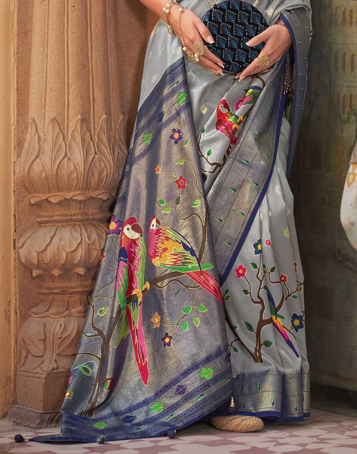 Collection of Grey Coloured Paithani Soft Banaras Silk Saree in a gallery layout