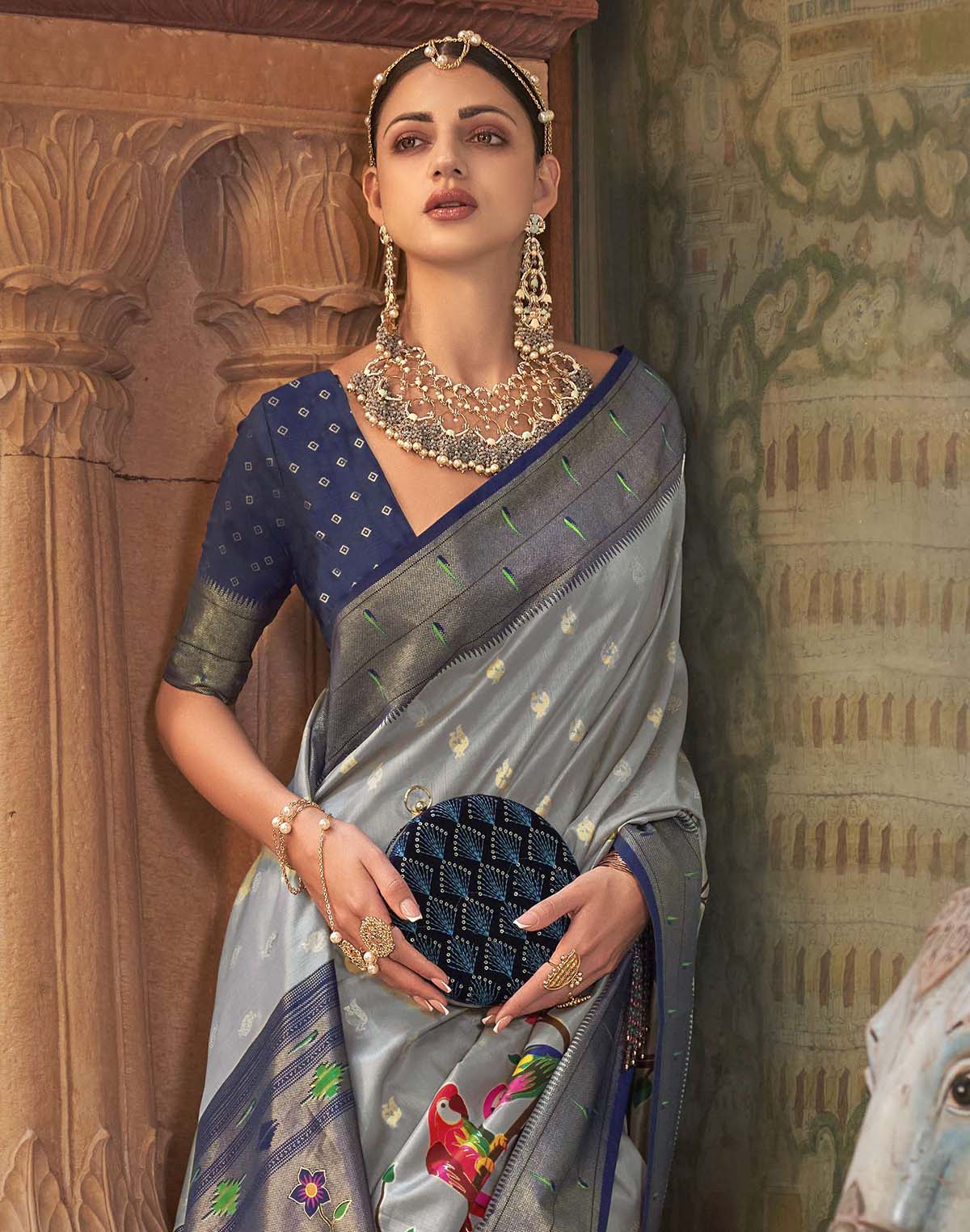 Grey Coloured Paithani Soft Banaras Silk Saree