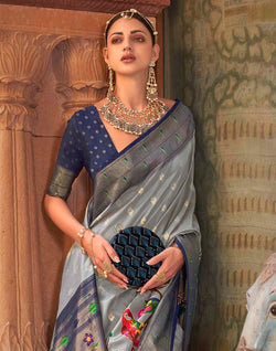 Collection of Grey Coloured Paithani Soft Banaras Silk Saree in a gallery layout