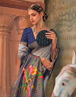 Collection of Grey Coloured Paithani Soft Banaras Silk Saree in a gallery layout