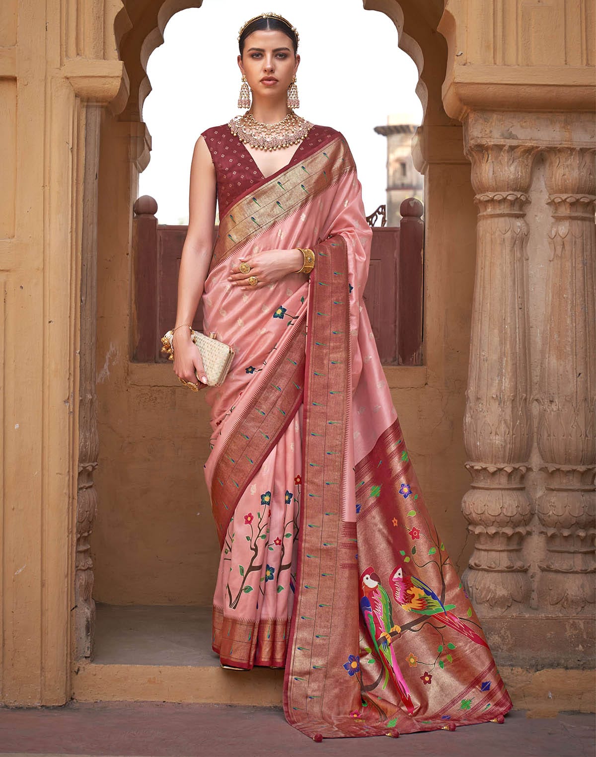 Collection of Light Peach Paithani Soft Banaras Silk Contrast Border Saree in a gallery layout