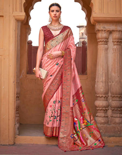 Collection of Light Peach Paithani Soft Banaras Silk Contrast Border Saree in a gallery layout