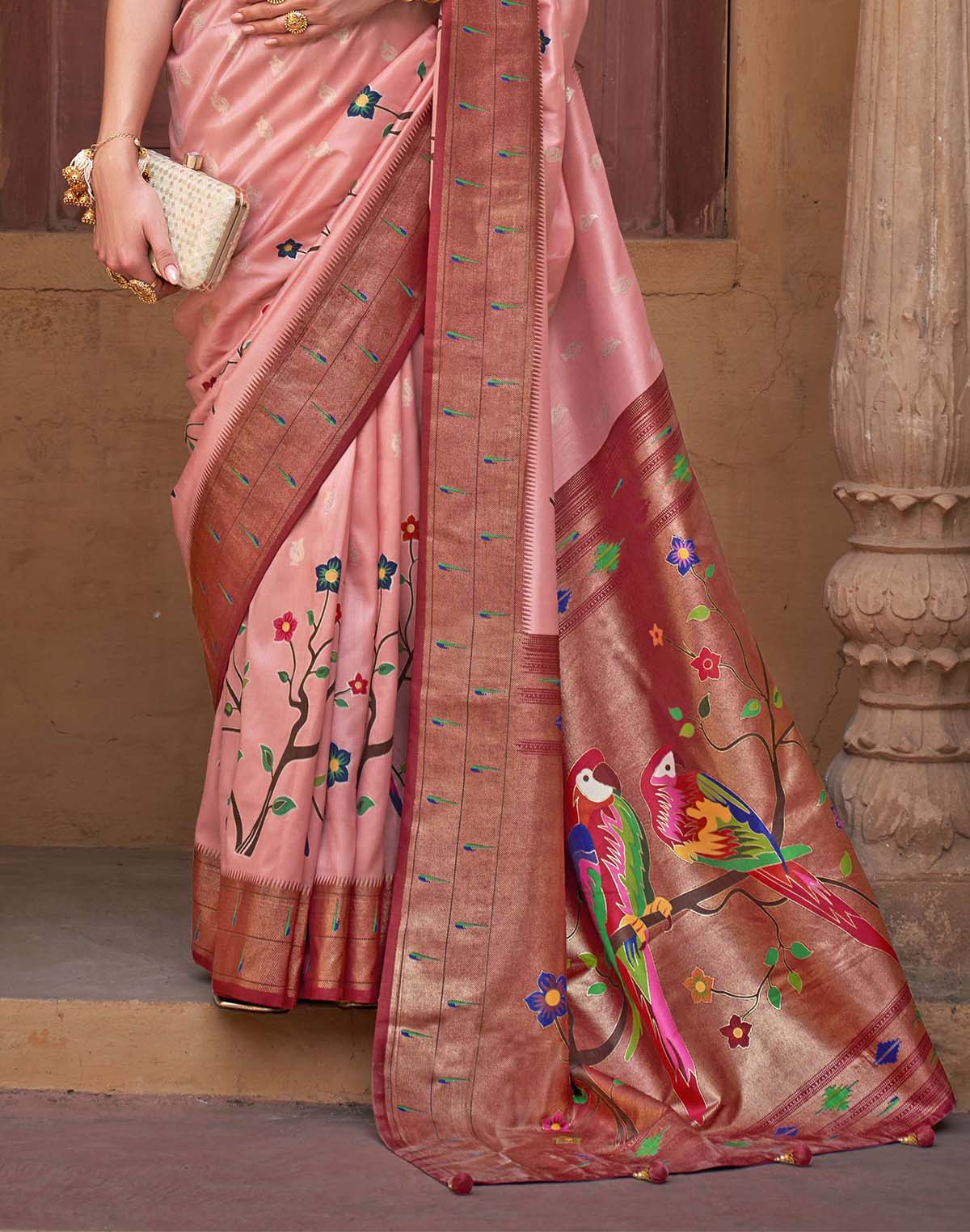 Light Peach Paithani Soft Banaras Silk Contrast Border Saree