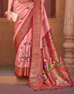 Collection of Light Peach Paithani Soft Banaras Silk Contrast Border Saree in a gallery layout