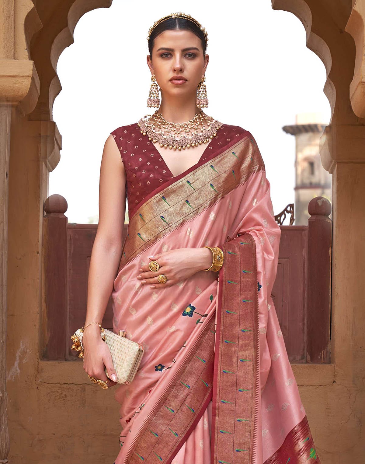 Light Peach Paithani Soft Banaras Silk Contrast Border Saree