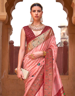 Collection of Light Peach Paithani Soft Banaras Silk Contrast Border Saree in a gallery layout