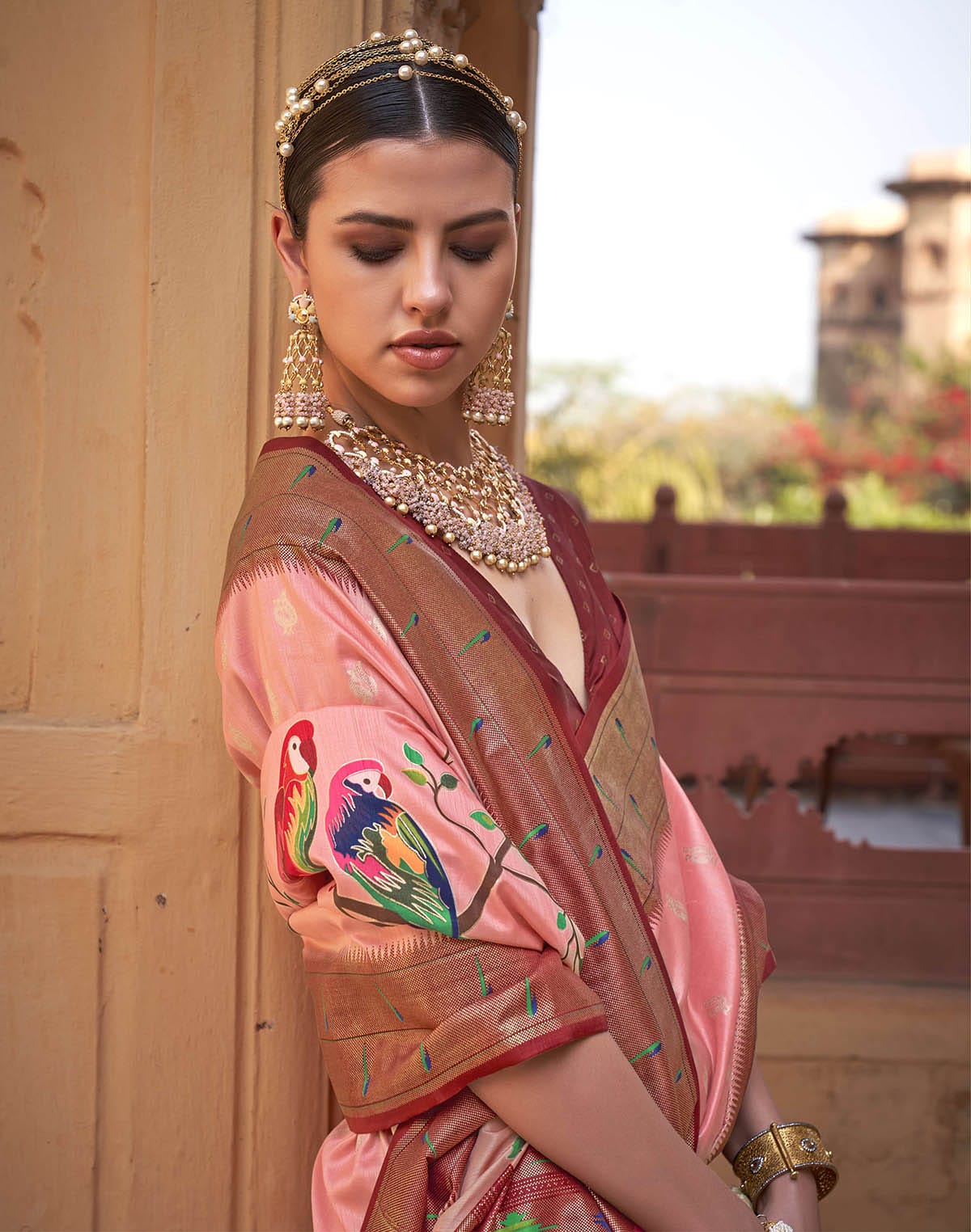 Collection of Light Peach Paithani Soft Banaras Silk Contrast Border Saree in a gallery layout