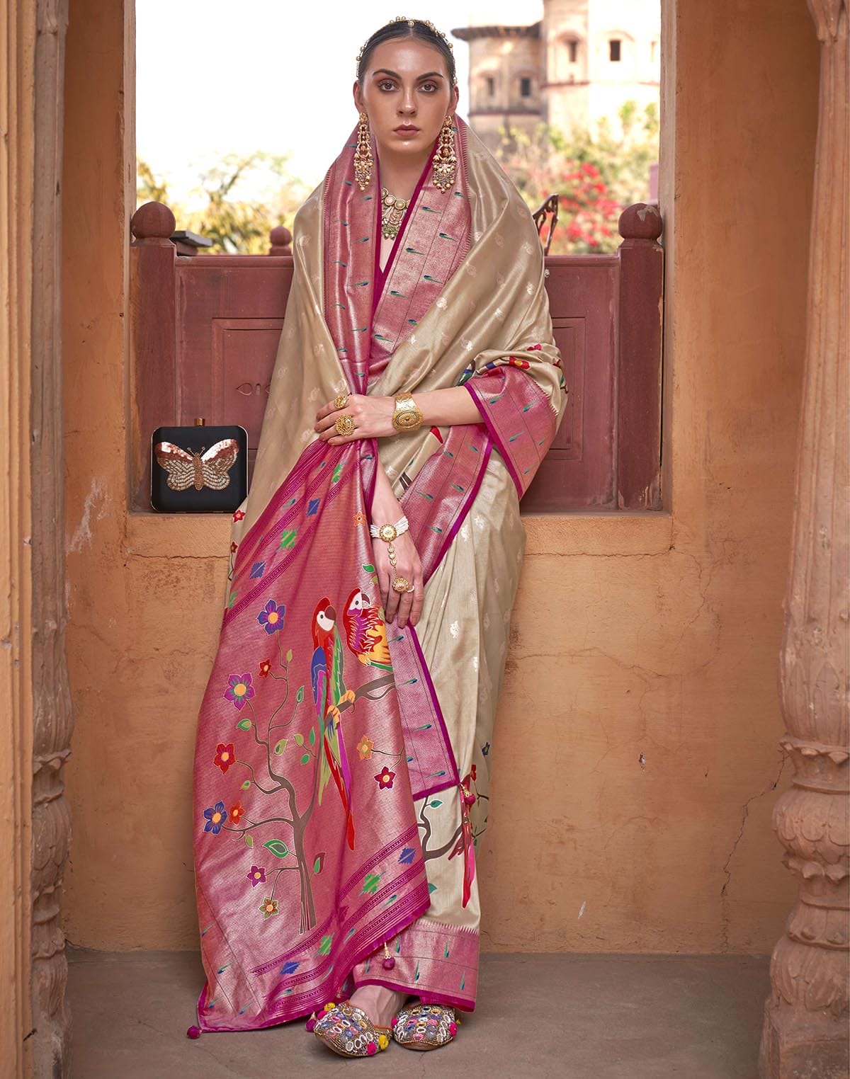 Soft Banaras Paithani Beige Colour Saree