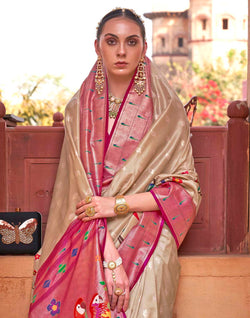 Collection of Soft Banaras Paithani Beige Colour Saree in a gallery layout