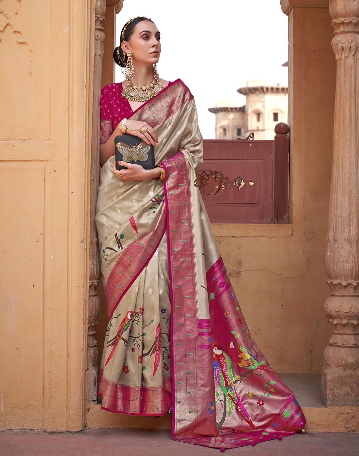 Collection of Soft Banaras Paithani Beige Colour Saree in a gallery layout