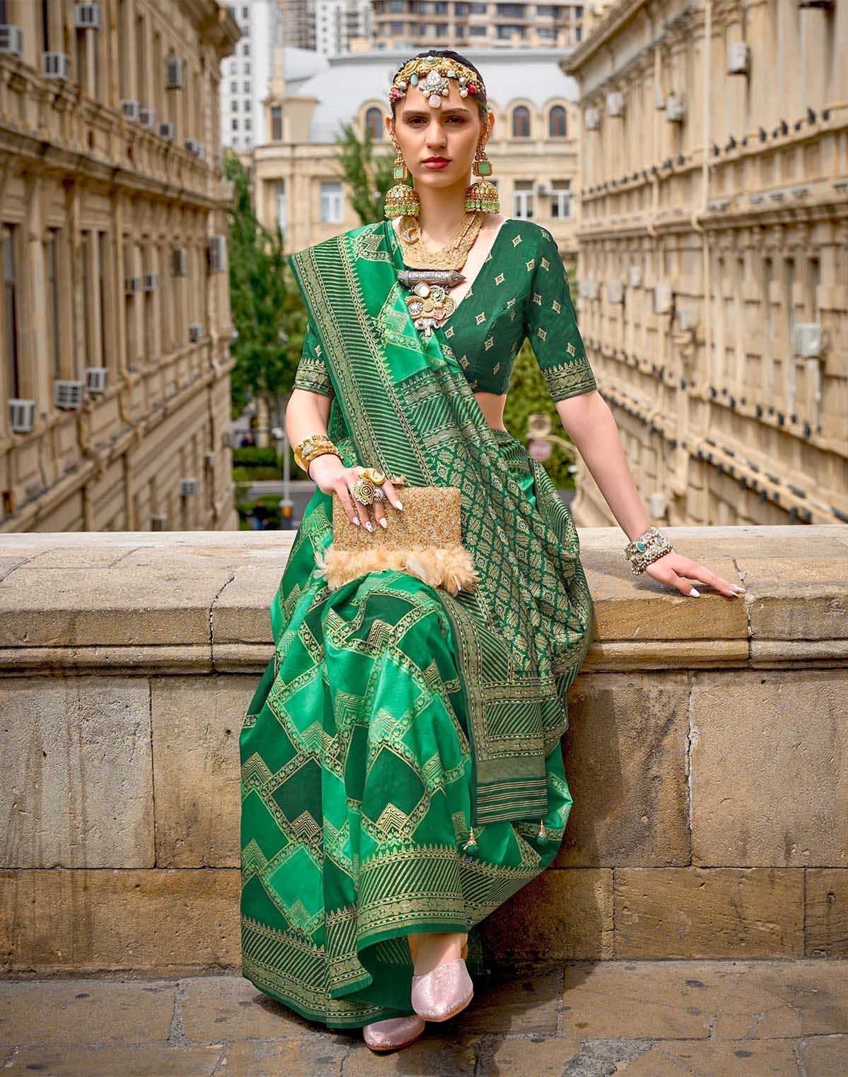 Stylish Green Patola Silk Festive Wear Saree