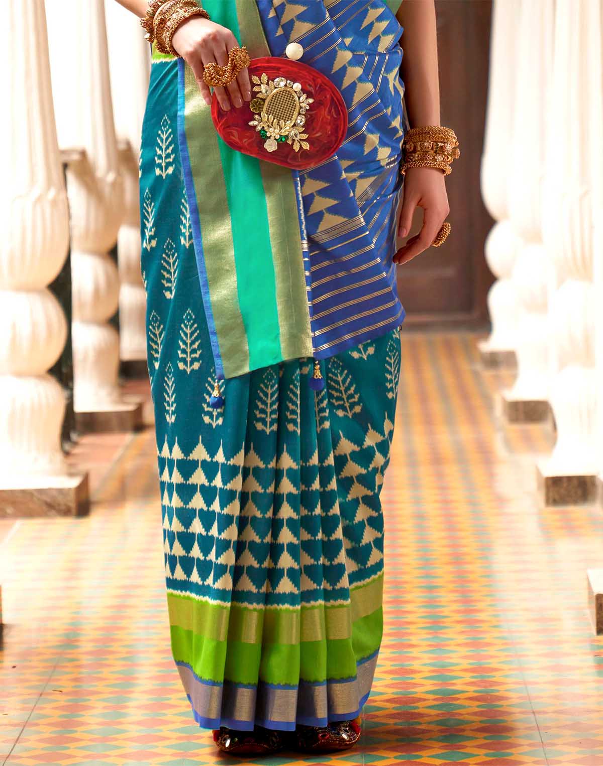 Teal Blue Patola Silk Woven Design Saree