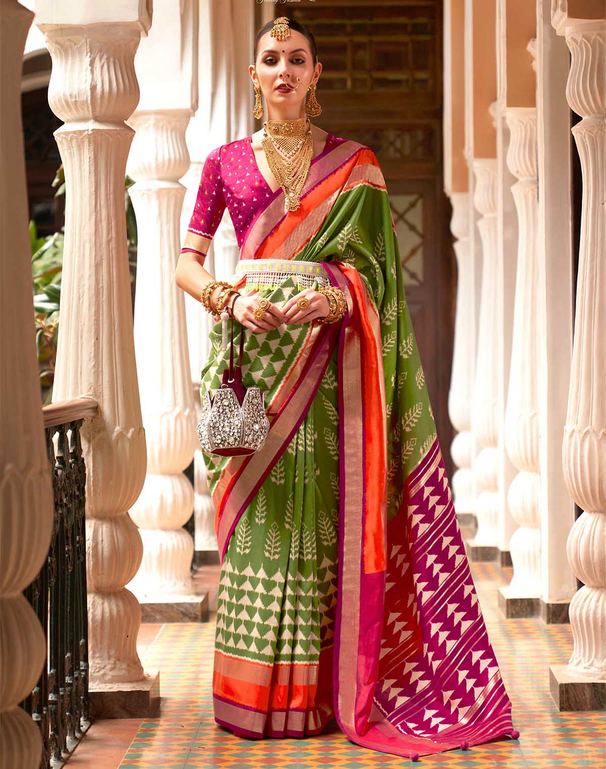 Collection of Stunning Mehendi Green Soft Patola Silk Saree in a gallery layout