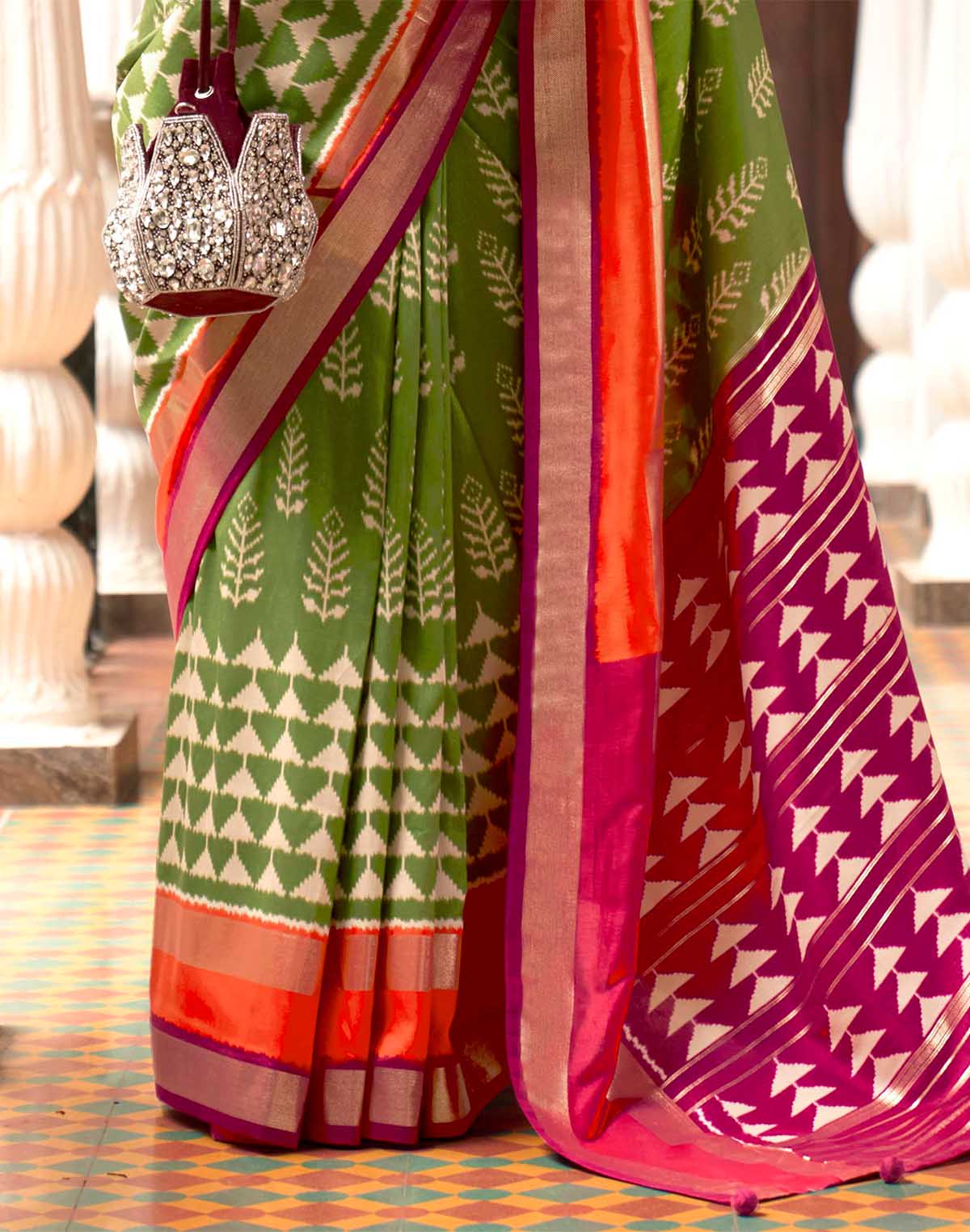 Collection of Stunning Mehendi Green Soft Patola Silk Saree in a gallery layout