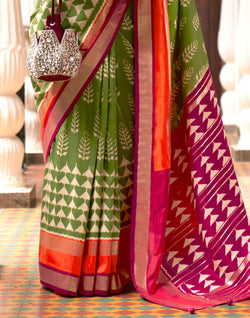 Collection of Stunning Mehendi Green Soft Patola Silk Saree in a gallery layout