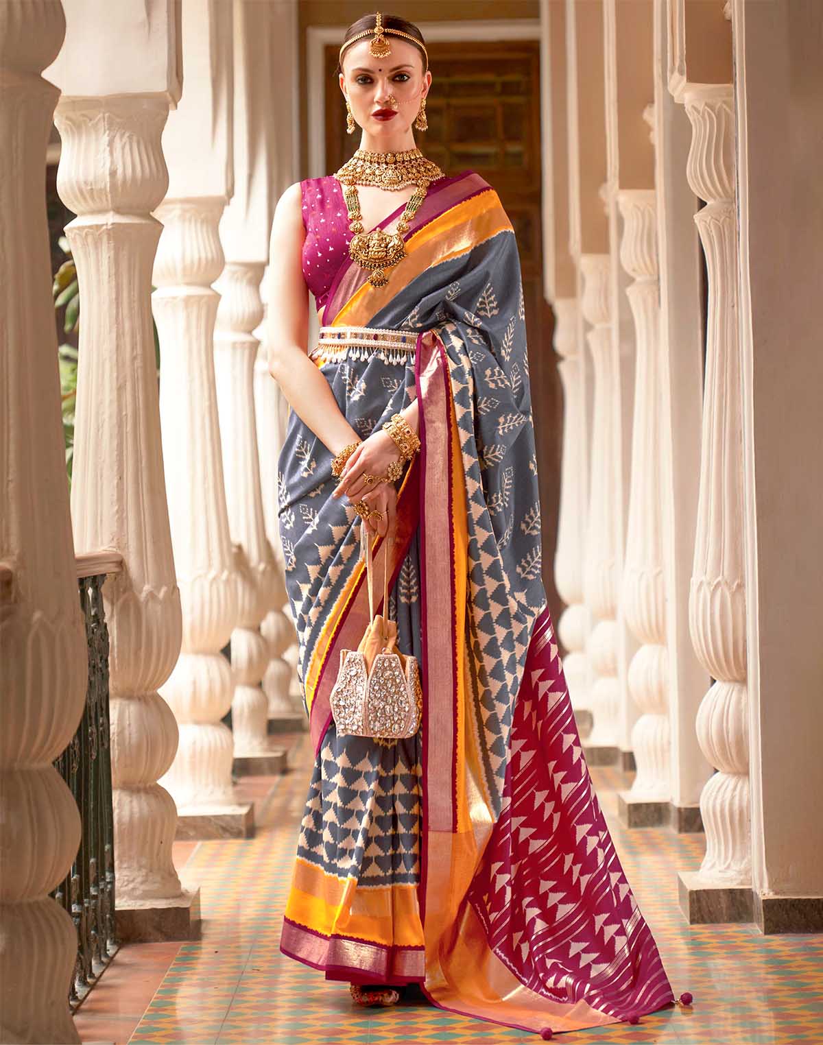 Collection of Exclusive Grey Patola Silk Woven Design Saree in a gallery layout