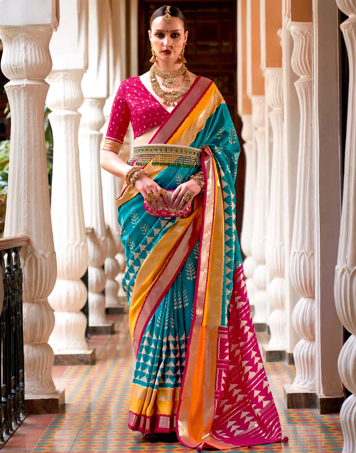 Blue and Pink Patola Silk Contrast Blouse Saree