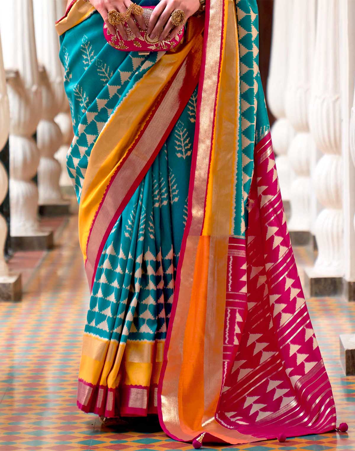 Collection of Blue and Pink Patola Silk Contrast Blouse Saree in a gallery layout