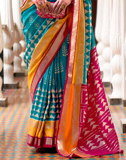 Collection of Blue and Pink Patola Silk Contrast Blouse Saree in a gallery layout