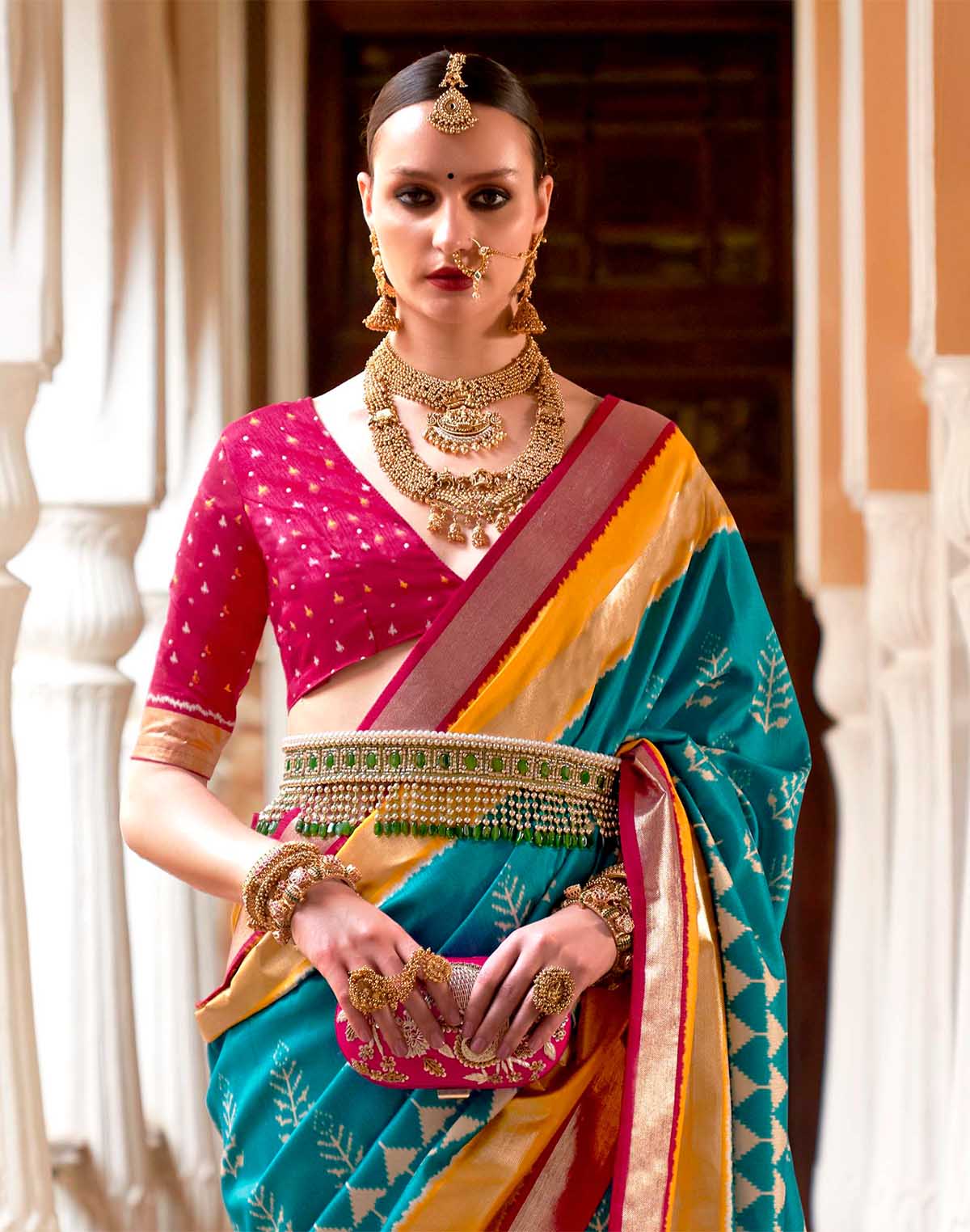 Blue and Pink Patola Silk Contrast Blouse Saree