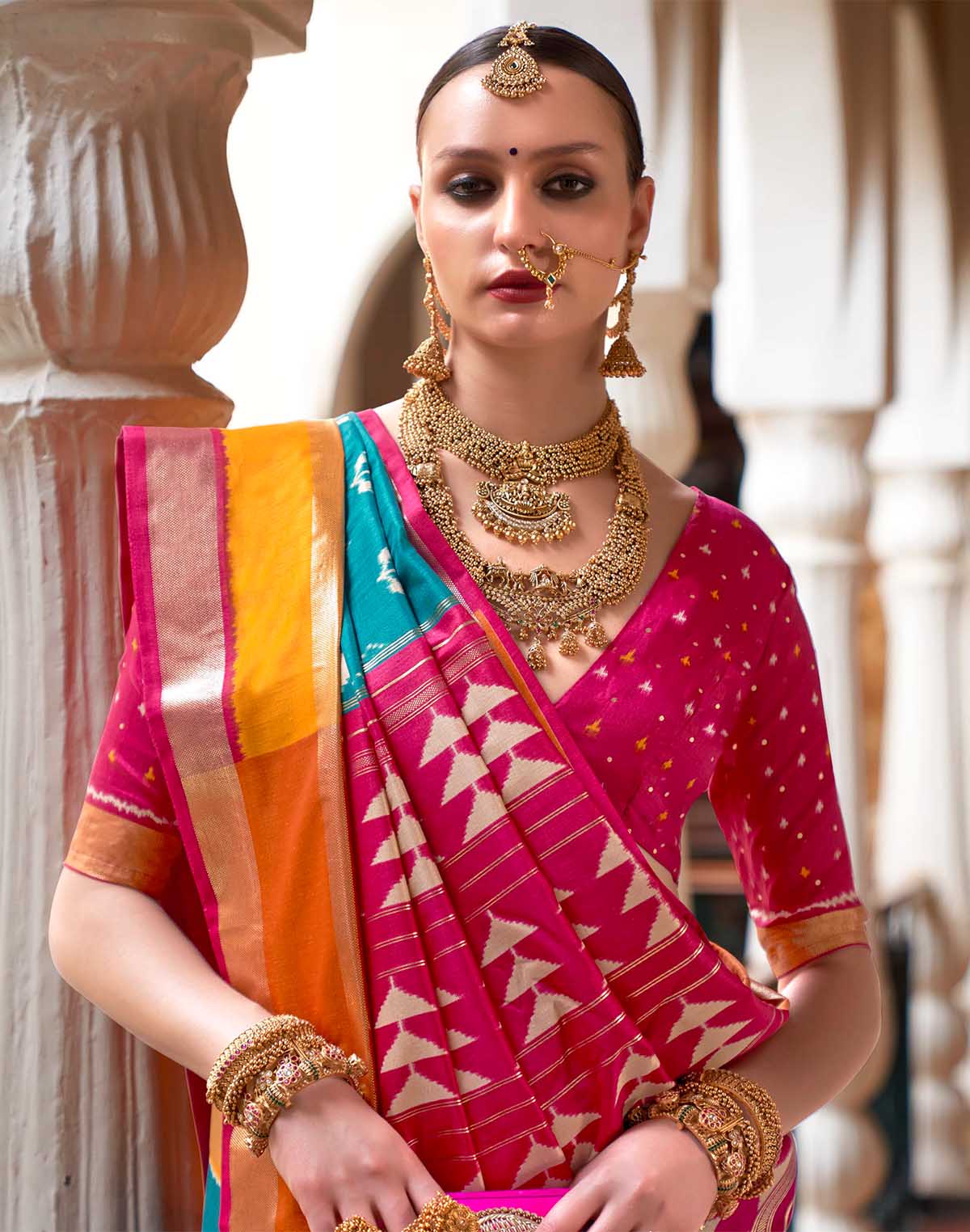 Blue and Pink Patola Silk Contrast Blouse Saree