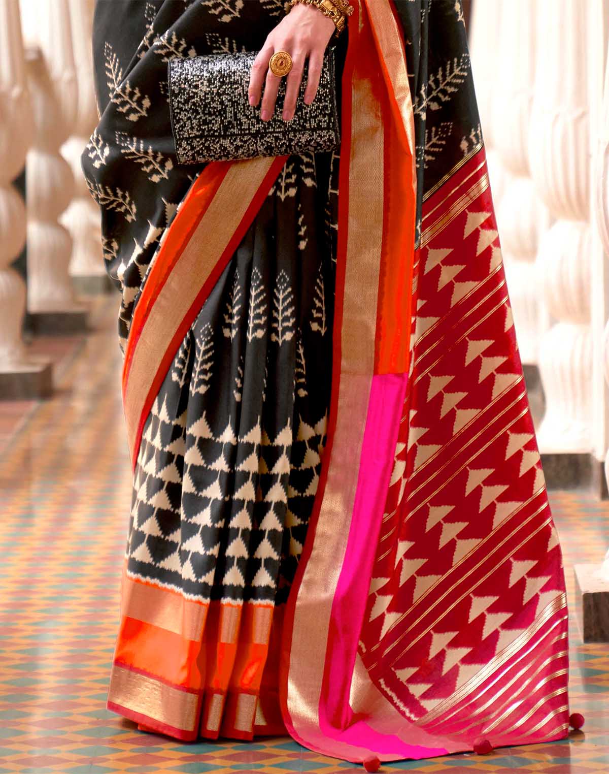 Collection of Black and Red Soft Patola Silk Saree in a gallery layout