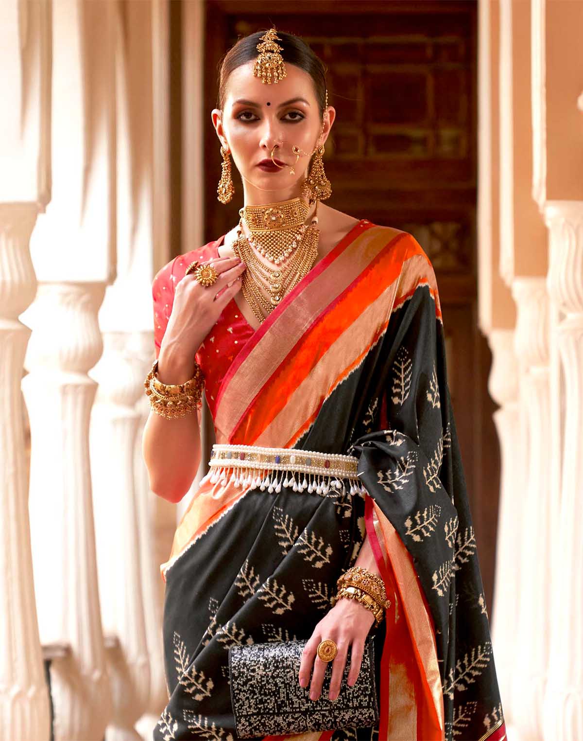 Collection of Black and Red Soft Patola Silk Saree in a gallery layout