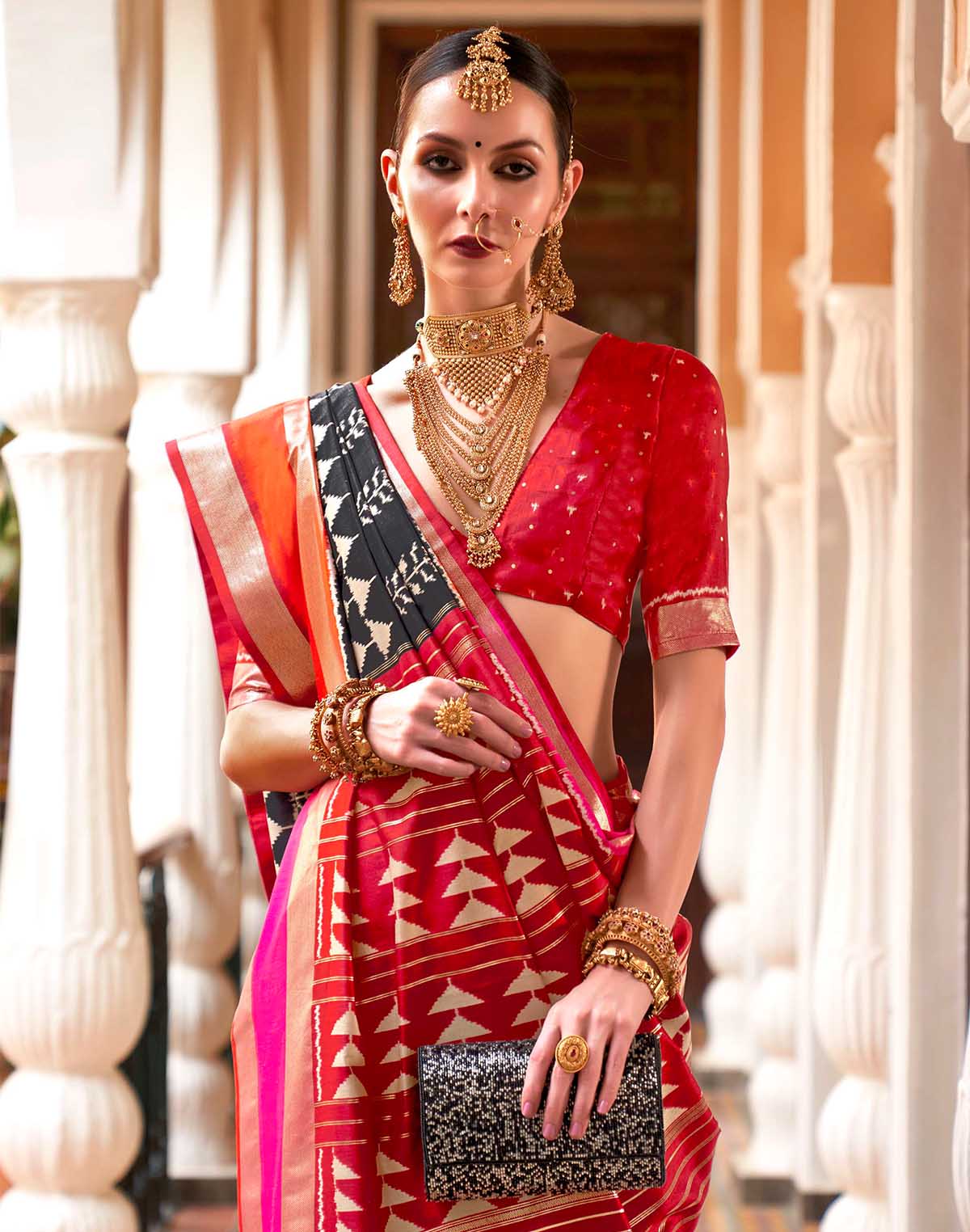 Collection of Black and Red Soft Patola Silk Saree in a gallery layout