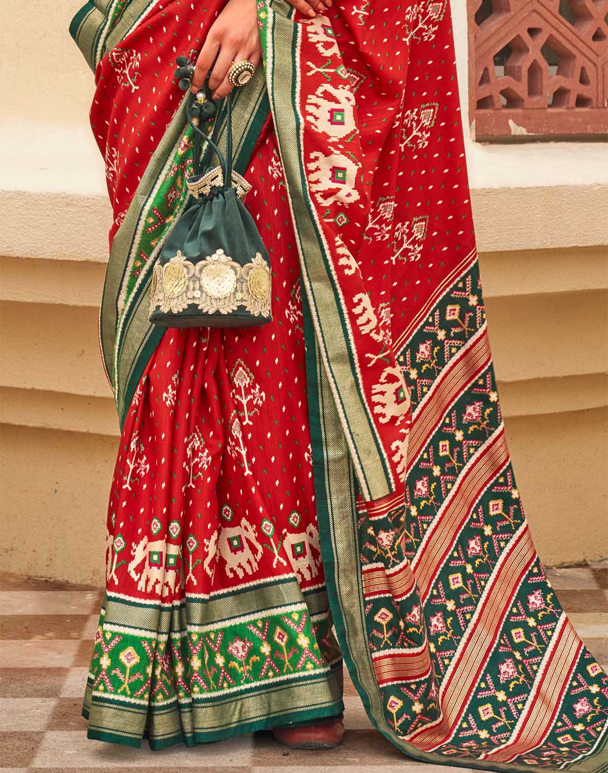 Red and Green Palkhi Patola Saree