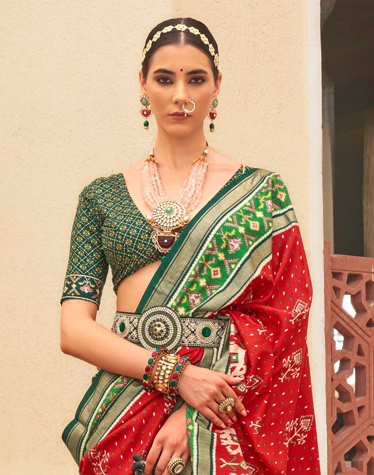 Collection of Red and Green Palkhi Patola Saree in a gallery layout