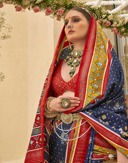 Collection of Navy Blue Palkhi Patola Contrast Border Saree in a gallery layout