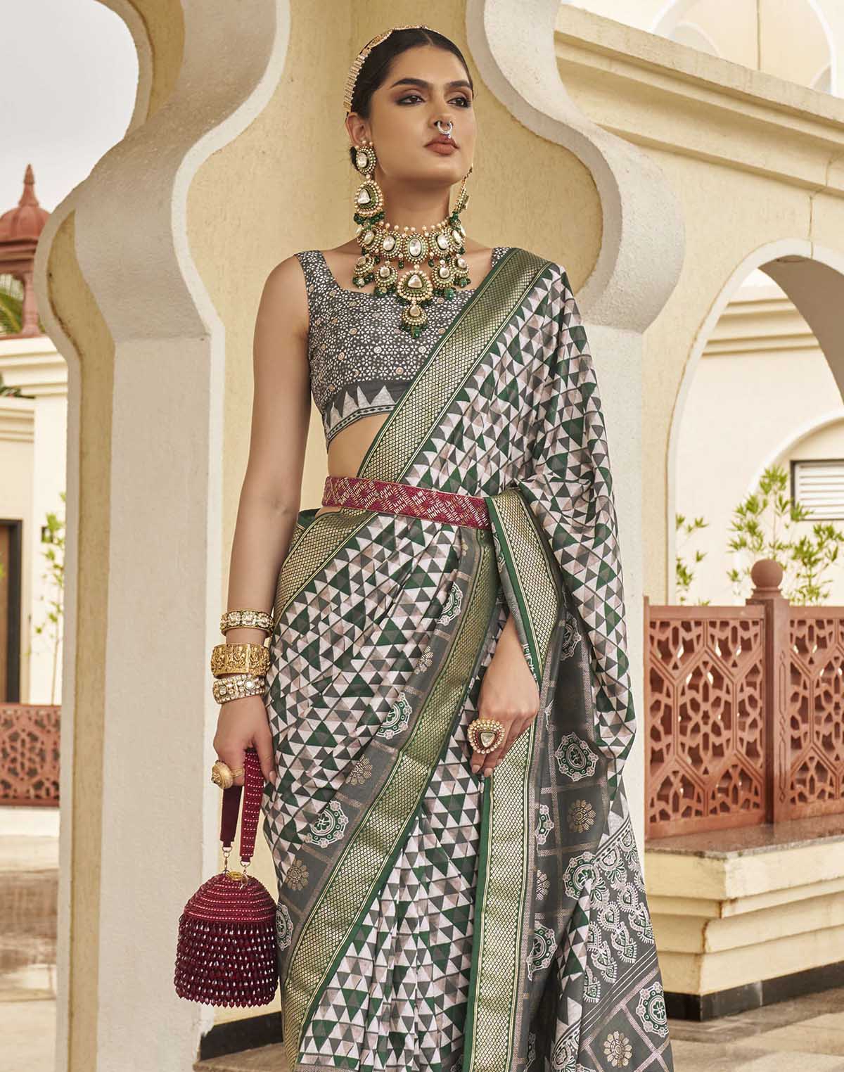 Collection of Green Colour Geometric Pattern Soft Silk Saree in a gallery layout