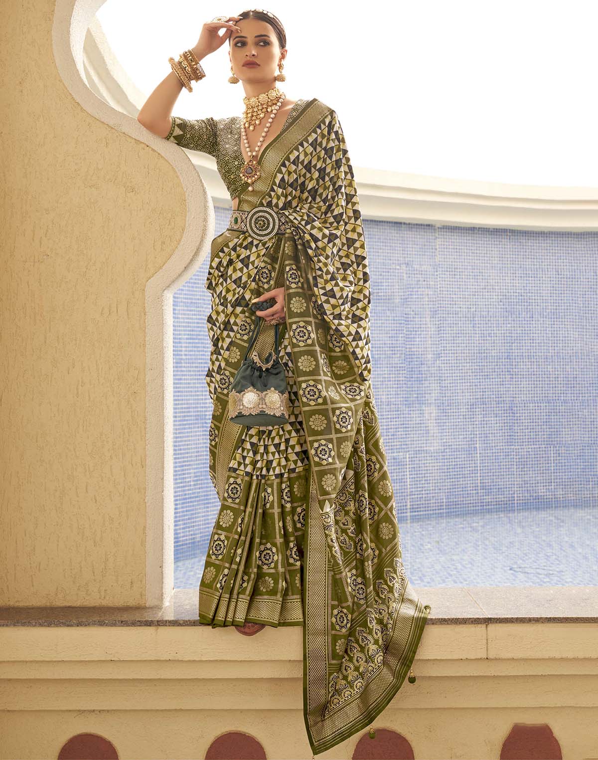 Collection of Mehendi Green Geometric Print Soft Silk Saree in a gallery layout