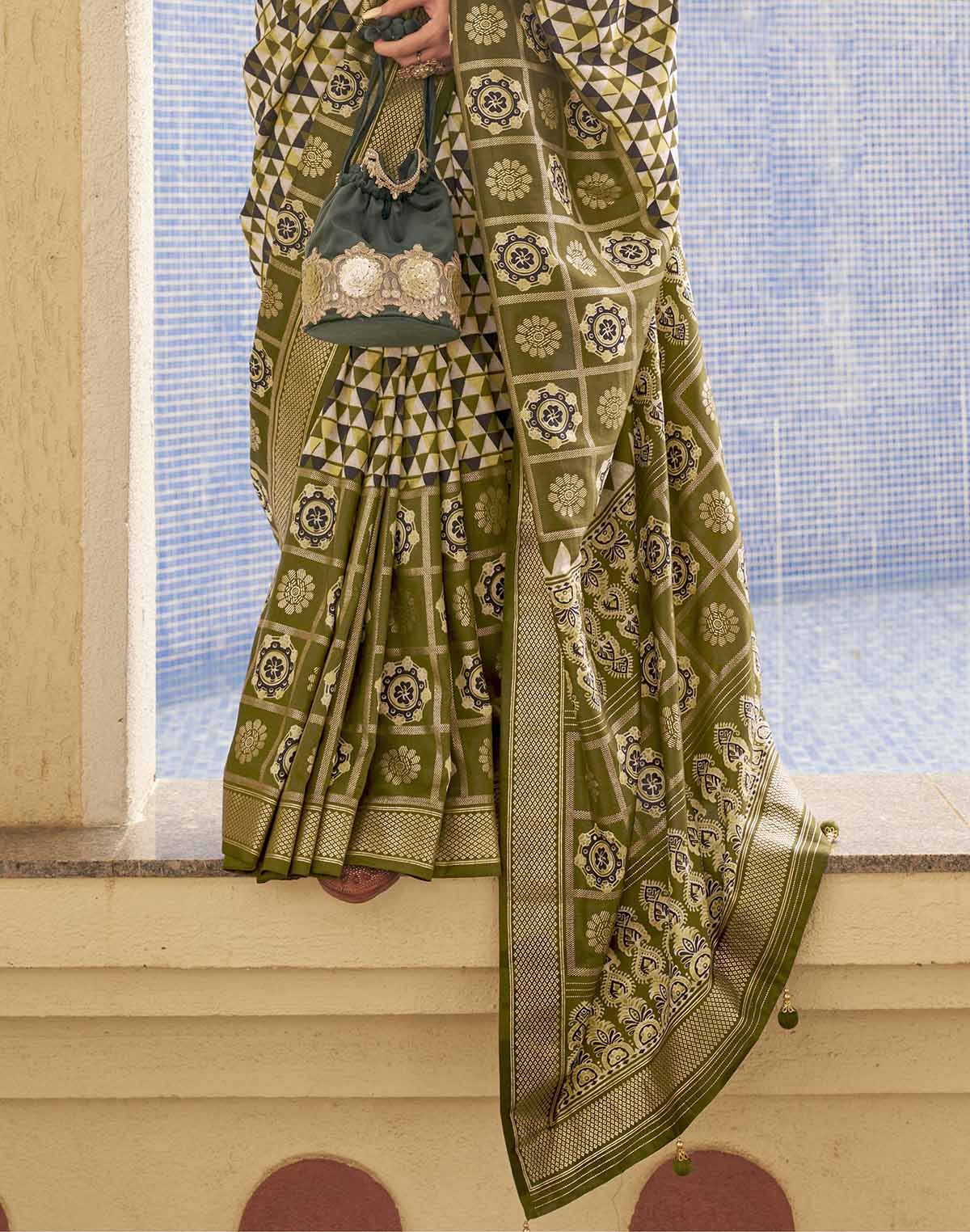 Collection of Mehendi Green Geometric Print Soft Silk Saree in a gallery layout