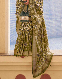 Collection of Mehendi Green Geometric Print Soft Silk Saree in a gallery layout