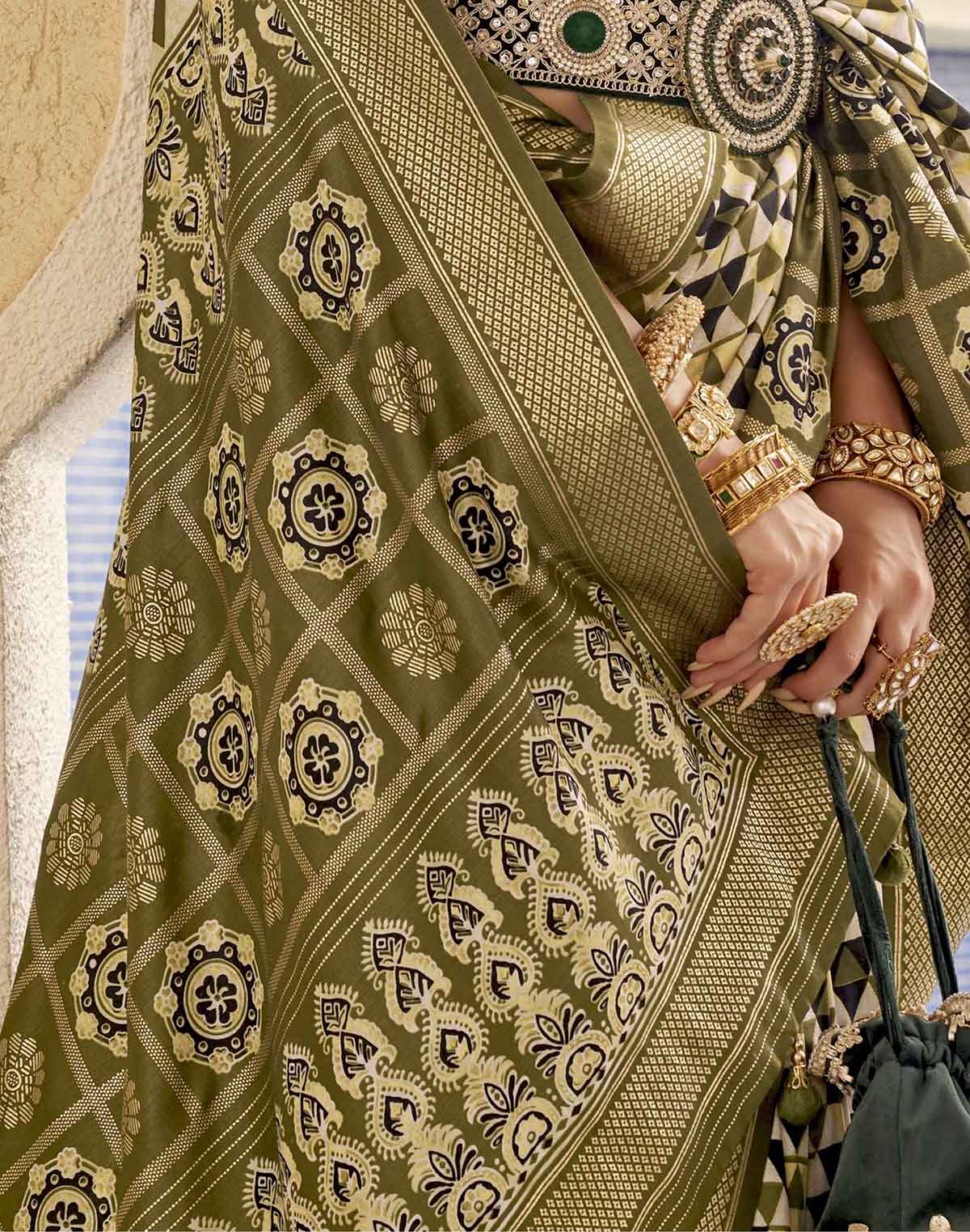 Collection of Mehendi Green Geometric Print Soft Silk Saree in a gallery layout