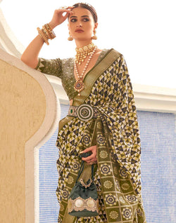 Collection of Mehendi Green Geometric Print Soft Silk Saree in a gallery layout