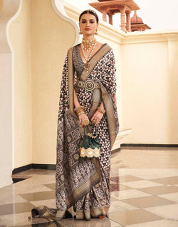 Collection of Classic Dark Brown Geometric Print Soft Silk Saree in a gallery layout