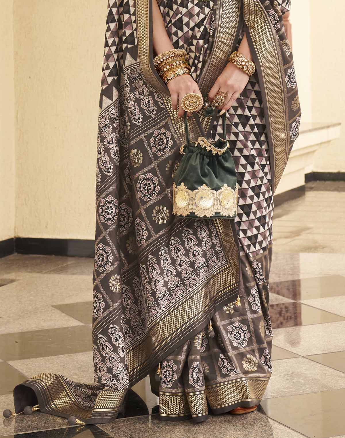 Collection of Classic Dark Brown Geometric Print Soft Silk Saree in a gallery layout