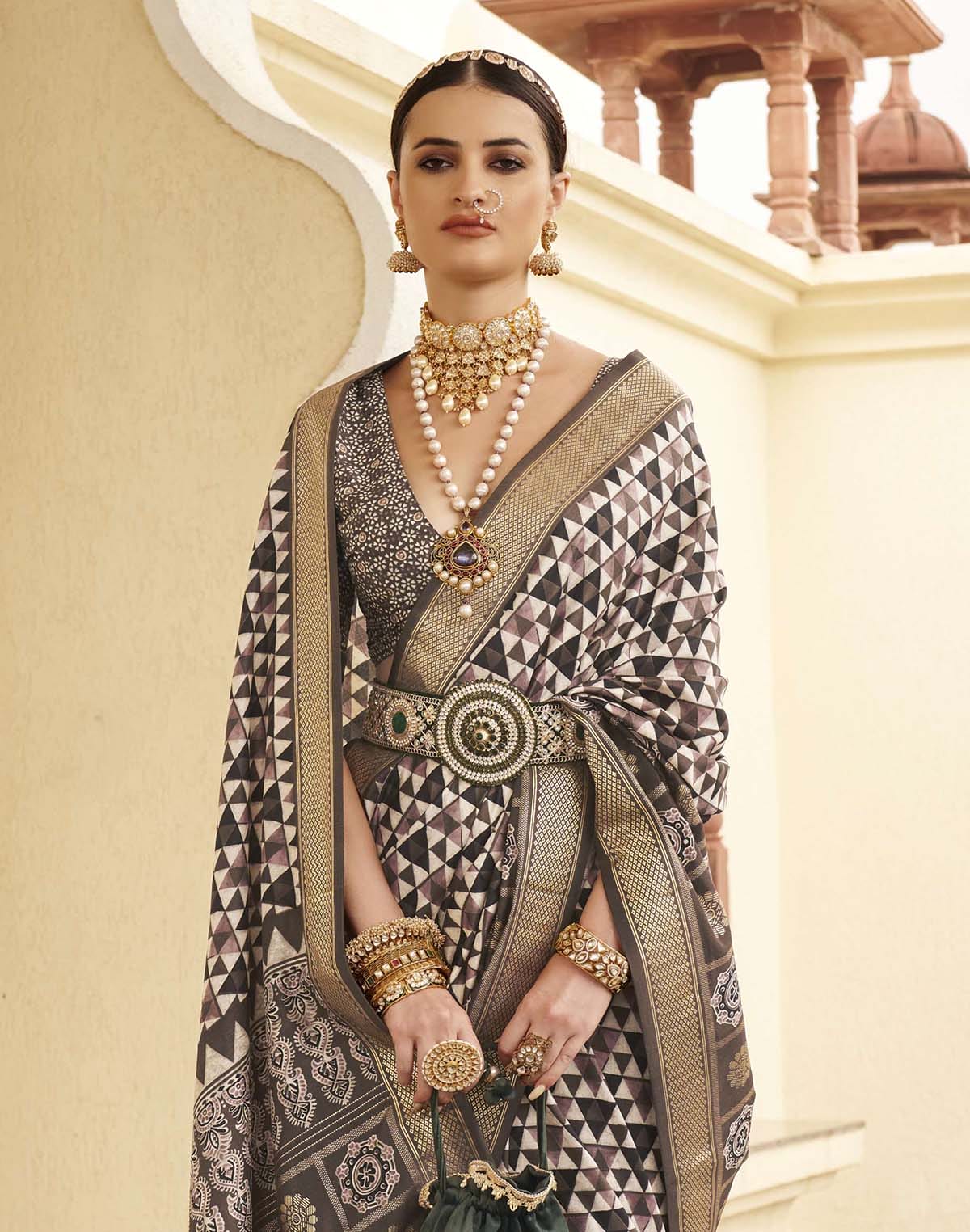 Collection of Classic Dark Brown Geometric Print Soft Silk Saree in a gallery layout