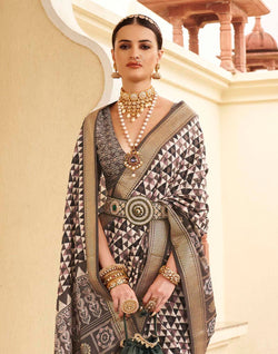 Collection of Classic Dark Brown Geometric Print Soft Silk Saree in a gallery layout