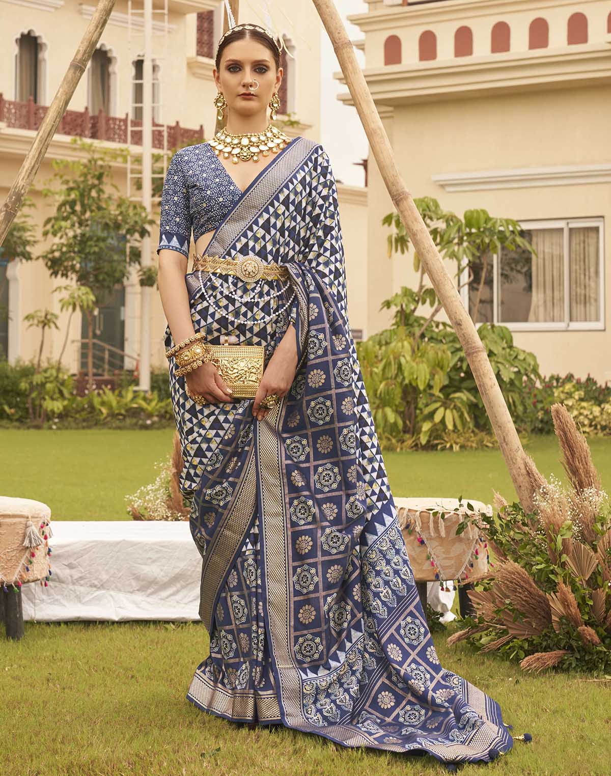 Collection of Navy Blue digital print Soft Silk Saree in a gallery layout