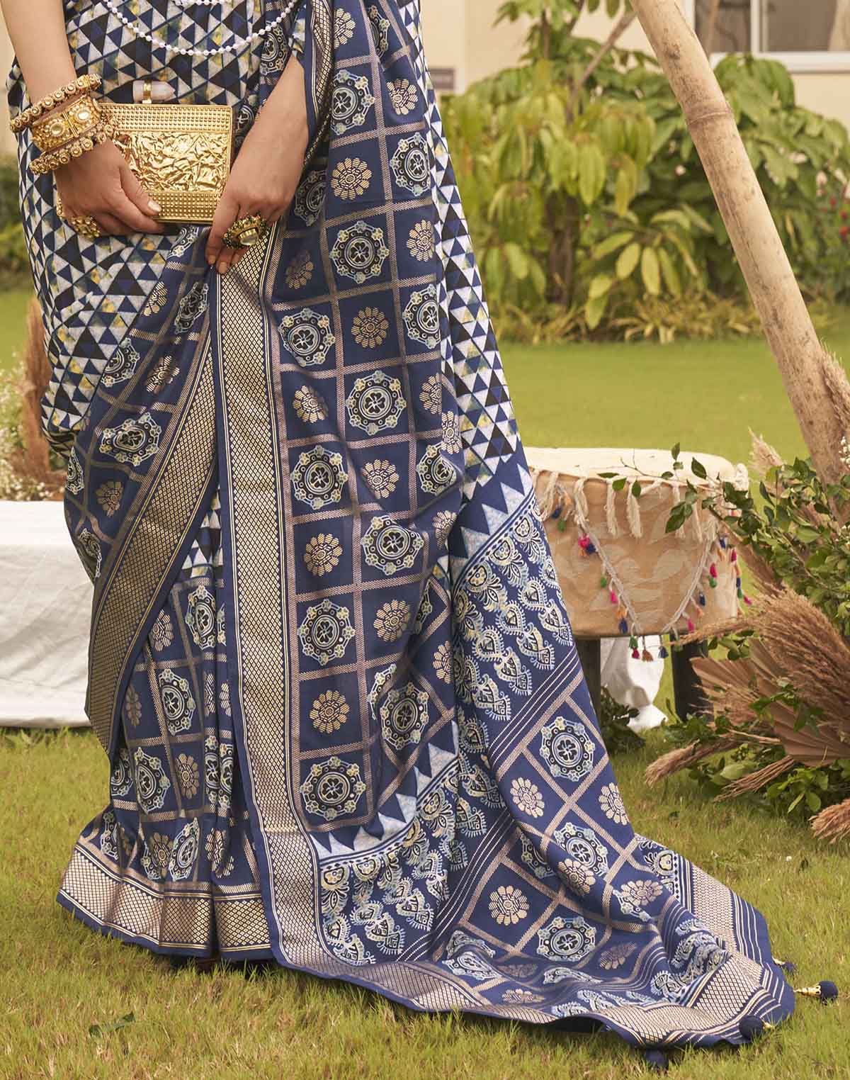 Collection of Navy Blue digital print Soft Silk Saree in a gallery layout