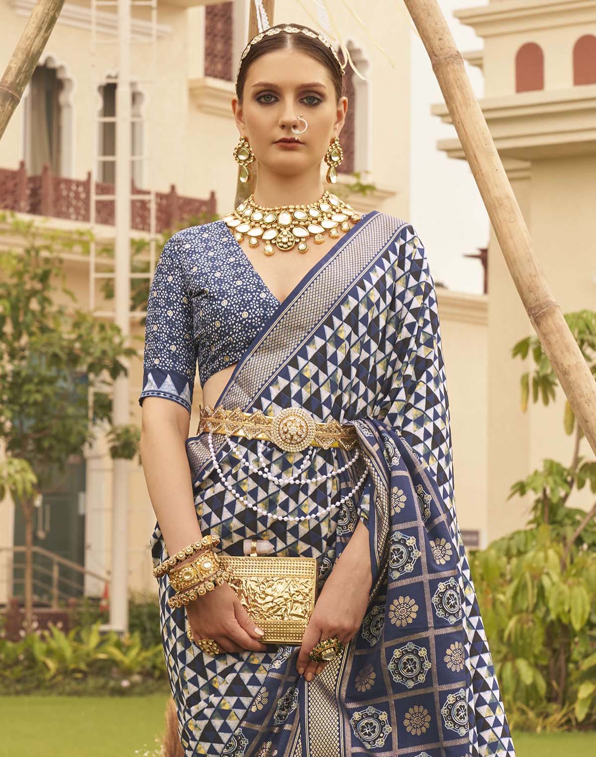 Collection of Navy Blue digital print Soft Silk Saree in a gallery layout