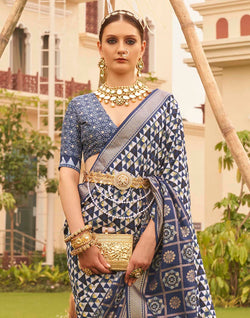 Collection of Navy Blue digital print Soft Silk Saree in a gallery layout