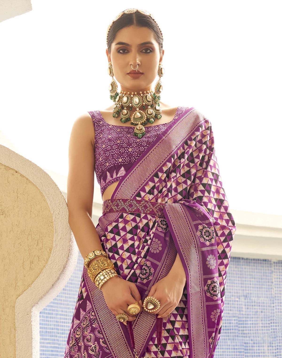 Collection of Purple and White Colored Soft Silk Saree in a gallery layout