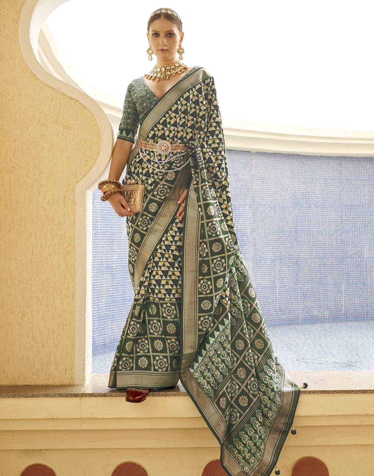 Collection of Attractive Dark Green Soft Silk Saree in a gallery layout